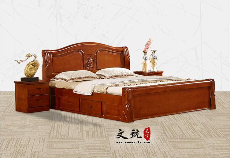 简约现代床雕花香樟木床全实木成人床卧室高箱床1米8双人床实木床-1