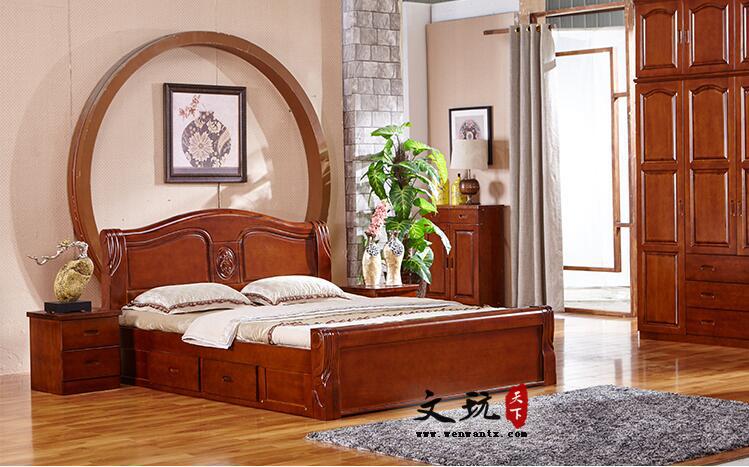 简约现代床雕花香樟木床全实木成人床卧室高箱床1米8双人床实木床-4